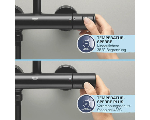 Grohe Armatur mit Temperatursperre und Grohe Safestop Logo