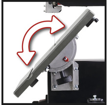 Detailansicht einer Bandsäge mit verstellbarem Tisch und rotem Pfeil zur Veranschaulichung der Bewegung