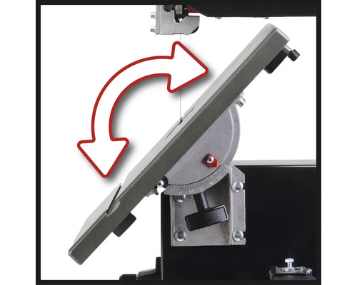 Detailansicht einer Bandsäge mit verstellbarem Tisch und rotem Pfeil zur Veranschaulichung der Bewegung