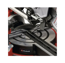 Detailaufnahme einer Kapp- und Gehrungssäge mit Werkstückauflage und Einhell Logo.