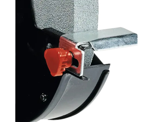 Detailaufnahme eines Schleifbocks mit Schleifscheibe und Werkstückauflage