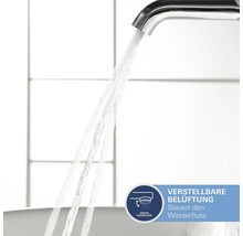 Wasserhahn mit fließendem Wasser und dem Hinweis auf die verstellbare Belüftung zur Steuerung des Wasserflusses.