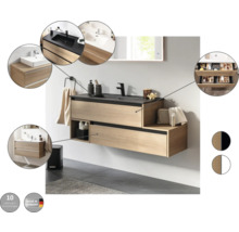 Modernes Badezimmer mit Waschtischunterschrank in Holzoptik und schwarzer Arbeitsplatte