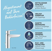 Armatur mit mittelhohem Auslauf und den Eigenschaften: Ablaufgarnitur mit Zugstange, sanfte Bedienung, wassersparend und blei- und nickelfrei