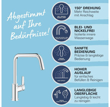 Spültischarmatur mit 150 Grad Schwenkbereich, blei- und nickelfreien Wasserwegen, hoher Auslauf und langlebiger Oberfläche.