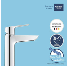 Glänzende Armatur mit Grohe Logo, Hinweis auf Entwicklung in Deutschland und erweiterte Garantie