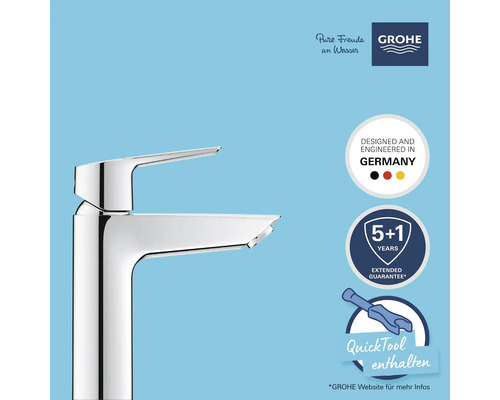 Glänzende Armatur mit Grohe Logo, Hinweis auf Entwicklung in Deutschland und erweiterte Garantie