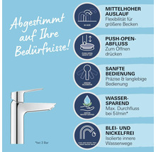 Produktbild einer Armatur mit hervorgehobenen Produkteigenschaften wie mittelhoher Auslauf, Push-Open-Abluss, sanfte Bedienung, Wassersparfunktion sowie Blei- und Nickelfreiheit