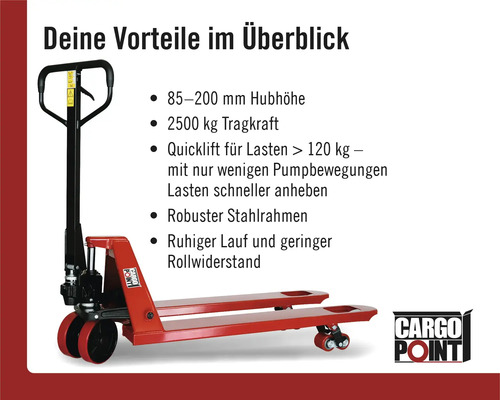 Handhubwagen mit 2500 Kilogramm Tragkraft und Stahlrahmen