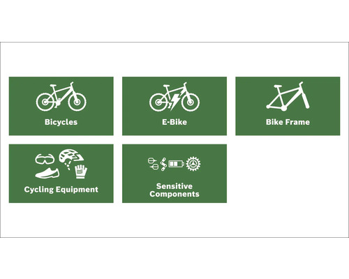 Abbildungen von Fahrrädern, E-Bikes, Fahrradrahmen, Fahrradzubehör und empfindlichen Bauteilen.
