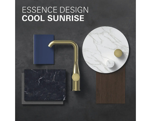 Essence Design Cool Sunrise Armatur mit Materialproben für Badezimmergestaltung