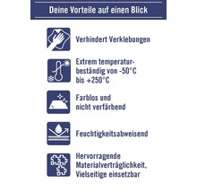 Vorteile: Verhindert Verklebungen, temperaturbeständig von minus 50 Grad bis plus 250 Grad, farblos, feuchtigkeitsabweisend, hervorragende Materialverträglichkeit, vielseitig einsetzbar