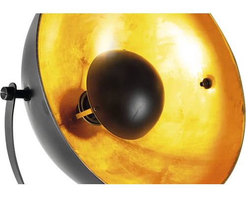 Nahaufnahme einer schwarzen Stehlampe mit goldfarbener Innenseite.