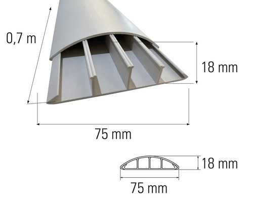 Kabelkanal mit den Maßen 0,7 Meter Länge, 75 Millimeter Breite und 18 Millimeter Höhe.