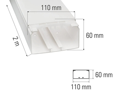Installationskanal aus Kunststoff, 2 Meter lang, 110 Millimeter breit und 60 Millimeter hoch