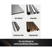 Produktübersicht verschiedener Materialien: Aluminiumverbundplatten, Aluminiumprofile, Zinkdachrinnen und Kupferprofile.