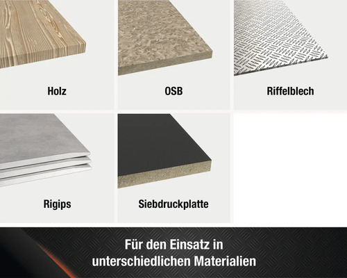 Produktübersicht verschiedener Materialien: Holz, OSB-Platte, Riffelblech, Rigipsplatte, Siebdruckplatte