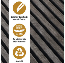 Einfacher Zuschnitt der Paneele mit einem Cutter, geringes Gewicht von circa 3,1 Kilogramm, dreifach leichter als eine MDF Paneele, aus PET