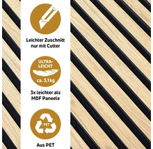 Detailaufnahme einer Wandpaneele mit Informationen zu den Produkteigenschaften.