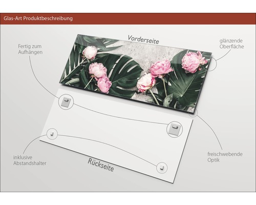 Glasbild mit Blumenmotiv, inklusive Abstandshalter, glänzende Oberfläche, zur Aufhängung bereit