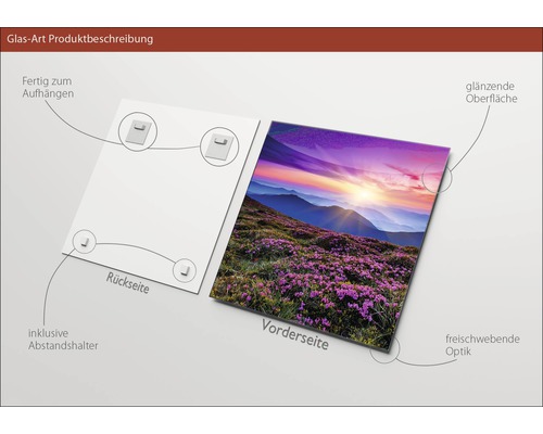 Glasbild mit Landschaftsmotiv, inklusive Aufhängung und Abstandshalter.