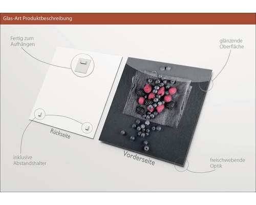 Glasbild mit Aufhängung und Abstandshalter sowie glänzender Oberfläche