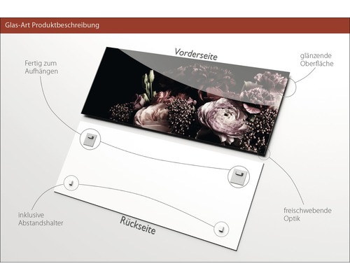 Glasbild mit Blumenmotiv, glänzender Oberfläche und schwebender Optik