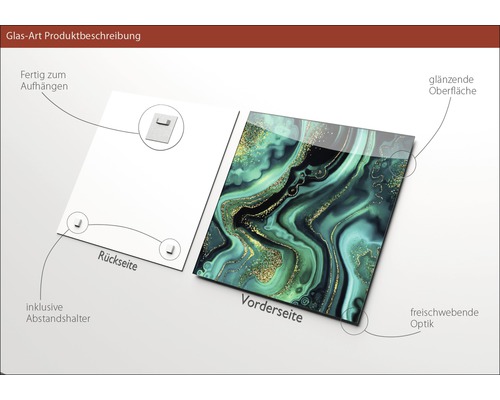 Glasbild mit abstrakter Marmorierung in Grün- und Goldtönen, inklusive Aufhängung und Abstandshalter