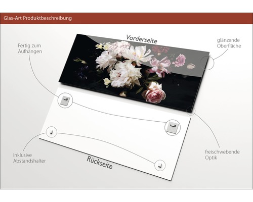 Glasbild mit Blumenmotiv, inklusive Abstandshalter zur Wandbefestigung