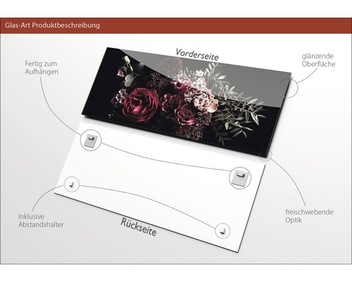 Glasbild mit Blumenmotiv, inklusive Abstandshalter, zur Wandmontage geeignet