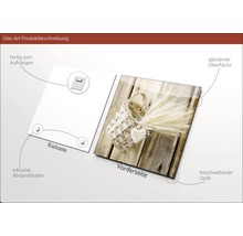 Produktbeschreibung Glasbild: Vorder- und Rückseite mit Aufhängevorrichtung und Abstandshalter