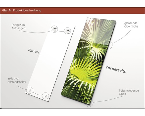 Glasbild mit Palmenmotiv, inklusive Abstandshalter, zum Aufhängen bereit