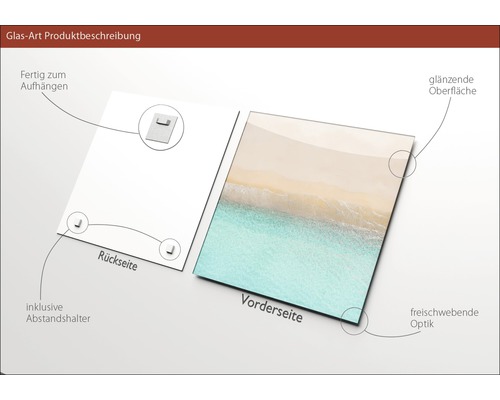Glasbild mit Aufhängevorrichtung, Abstandshalter, glänzender Oberfläche und freischwebender Optik