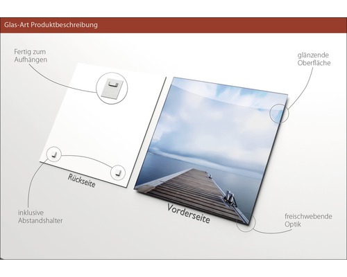 Glasbild mit glänzender Oberfläche, inklusive Abstandshalter und Aufhängevorrichtung