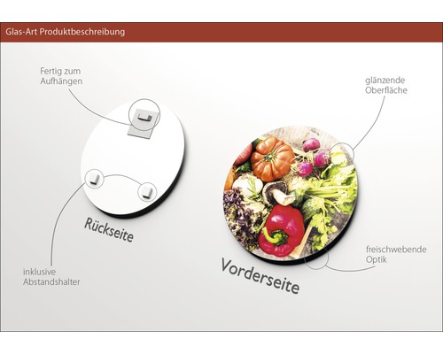 Produktbeschreibung eines Glasbild Kunst mit Gemüsemotiv, inklusive Halterung und glänzender Oberfläche