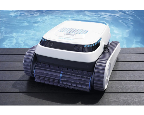 Marimex Poolreinigungsroboter auf Holzterrasse neben Pool