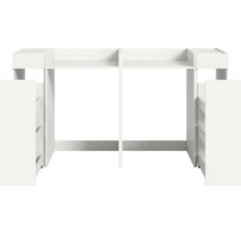 Weißes Hochbett mit integriertem Stauraum und Regalen.