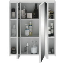 Weißer Spiegelschrank mit Kosmetikprodukten