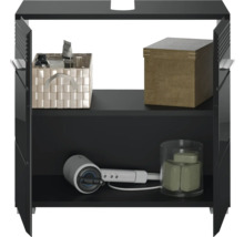 Waschbeckenunterschrank mit zwei Regalböden, ausgestattet mit Korb, Box, Haartrockner und Seife