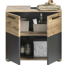 Waschbeckenunterschrank mit zwei offenen Türen und zwei Ablagefächern zur Badaufbewahrung.