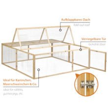 Freilaufgehege aus Holz mit aufklappbarem Dach und verriegelbarer Tür für Kleintiere