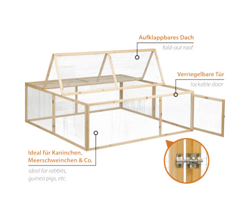 Freilaufgehege aus Holz mit aufklappbarem Dach und verriegelbarer Tür für Kleintiere