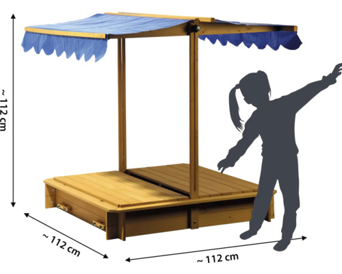 Sandkasten aus Holz mit Sonnenschutz und den Maßen circa 112 cm