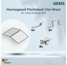 GEMS Logo. GEMS Montageset für Flachdach Ost-West für zwei Photovoltaikmodule mit Halterungen, Klemmen und Made in Germany Siegel.