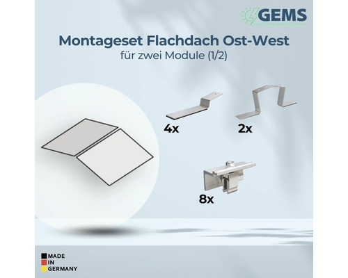 GEMS Logo. GEMS Montageset für Flachdach Ost-West für zwei Photovoltaikmodule mit Halterungen, Klemmen und Made in Germany Siegel.