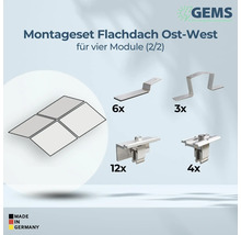 Montageset für Flachdach Ost-West Ausrichtung für vier Module mit Montagematerialien und GEMS Logo