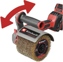 Einhell Akku-Bürstenschleifer mit Drahtbürste und rotem Pfeil für die Drehrichtung