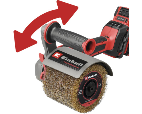 Einhell Akku-Bürstenschleifer mit Drahtbürste und rotem Pfeil für die Drehrichtung