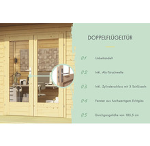 Doppelflügeltür aus Holz, unbehandelt, mit Aluminium-Türschwelle und Zylinderschloss