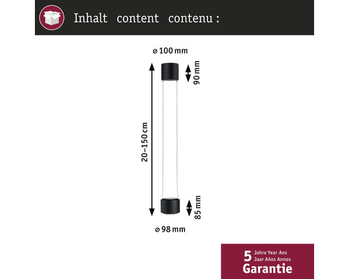 Abmessungen einer Lampe mit einer Länge von 20 bis 150 cm